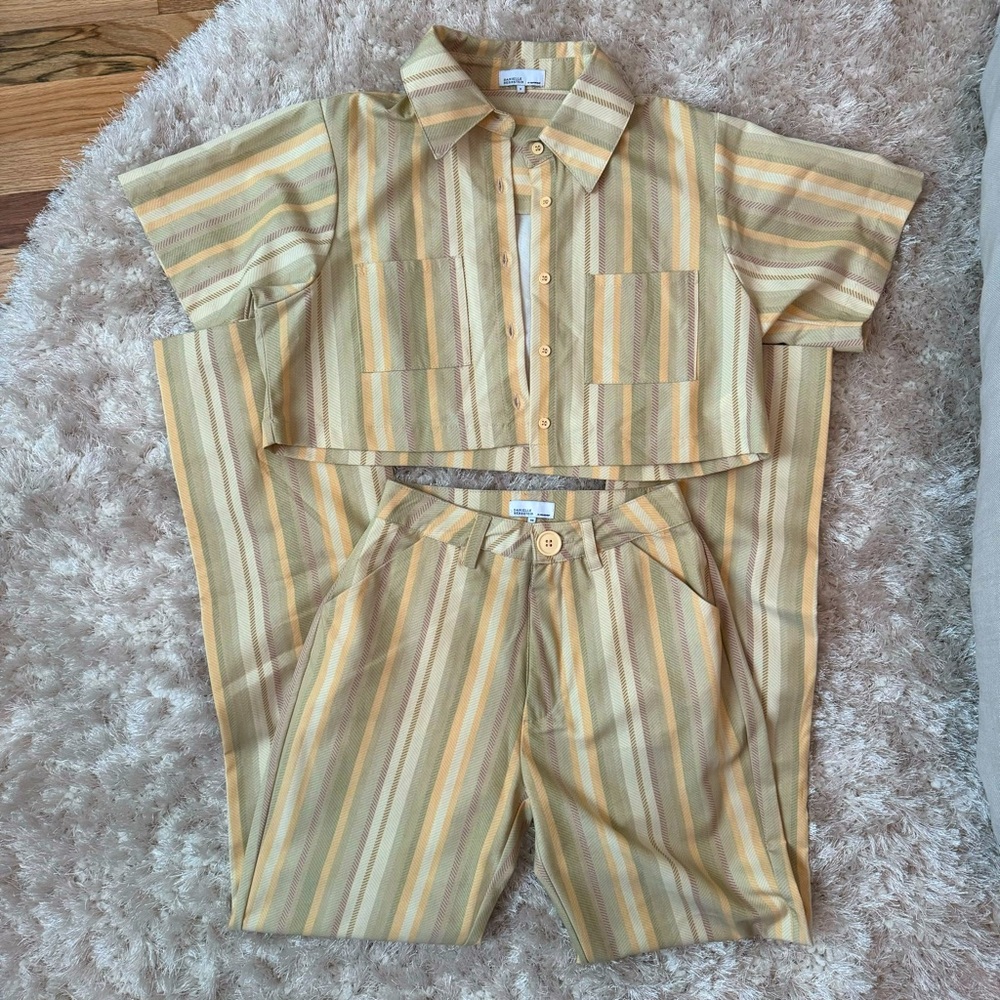 DANIELLE BERNSTEIN Yellow Striped Cropped Button Shirt